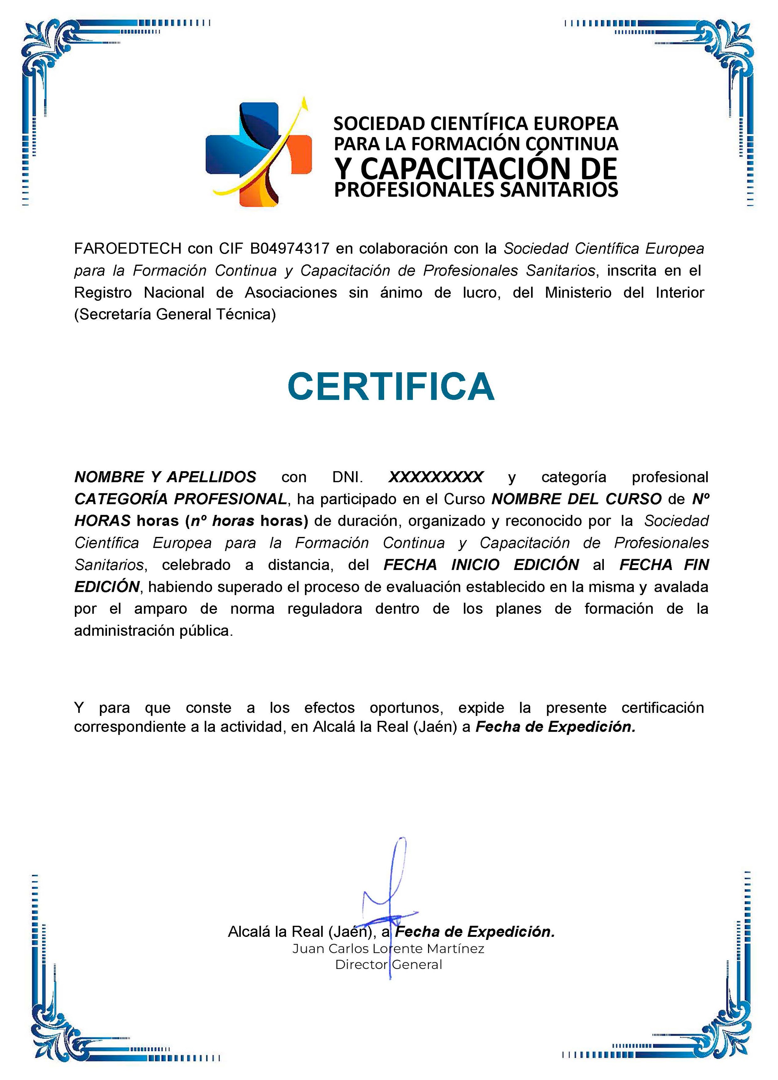 Parte delantera del certificado de la Sociedad Científica